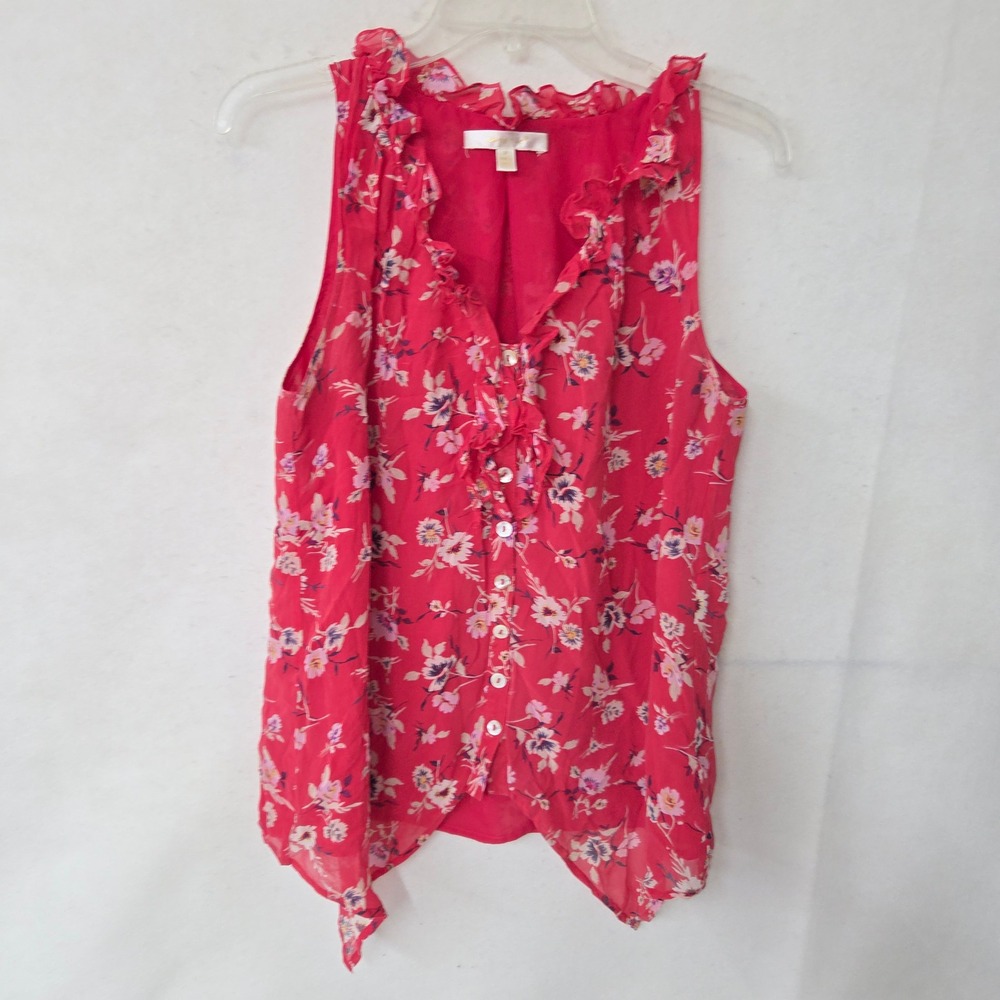 Jenny Han Floral Print Silk Sleeveless‎ Ruffle V Neck Button Up Top Womens M